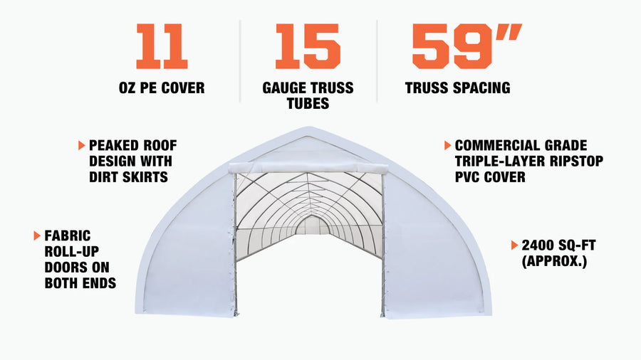 30' x 80' Peak Ceiling Storage Shelter with Heavy Duty 11 oz PE Cover & Drive Through Doors, TMG-ST3080E (Previously ST3080)-description-image