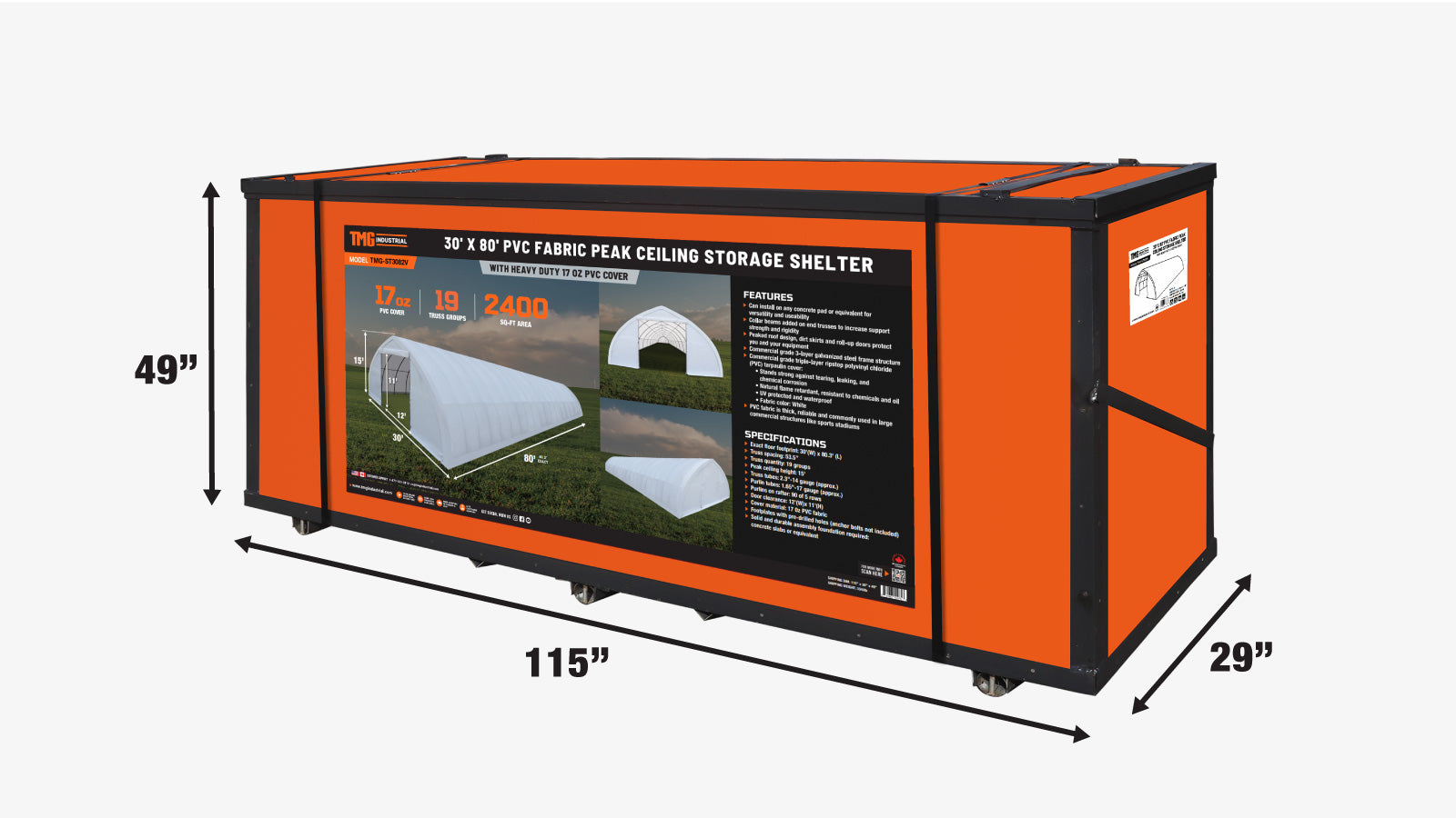 30' x 80' Peak Ceiling Storage Shelter with Heavy Duty 17 oz PVC Cover & Drive Through Doors, TMG-ST3082V-shipping-info-image