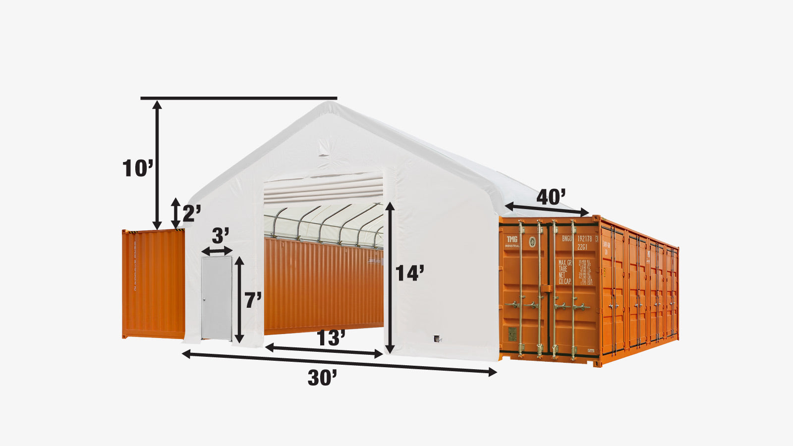 30' x 40' Container Peak Roof Shelter TMG Heavy Series™ with Heavy Duty 17 oz PVC Cover, Fully Enclosed front and back endwalls, TMG-ST3042CG (Previously ST3041CG)-specifications-image
