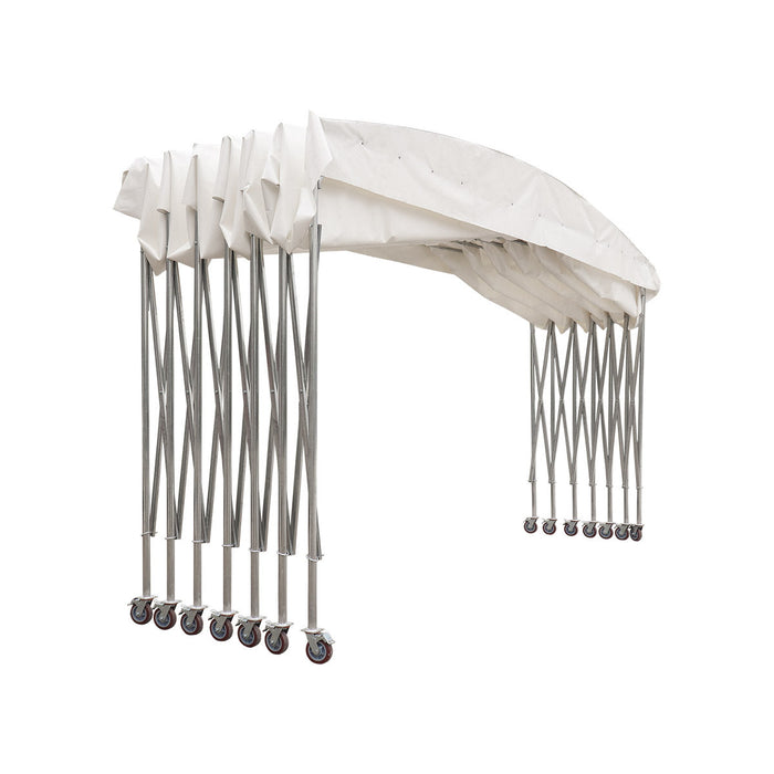 Retractable shelter frame with white cover folded together at one end, on casters, white background