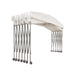 Retractable shelter frame with white cover folded together at one end, on casters, white background