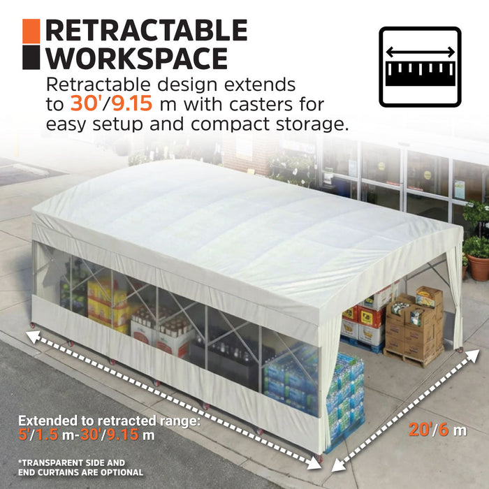 Graphic titled "Retractable Workspace": shelter extends to 30 ft (9.15 m) on casters, with dimension arrows