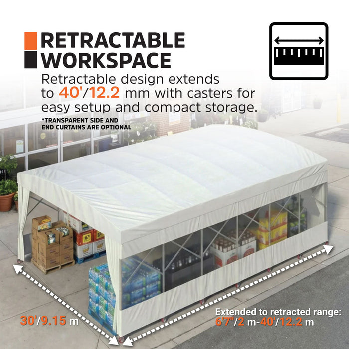 Graphic titled "Retractable Workspace": shelter extends to 40 ft (12.2 m) on casters, with dimension arrows