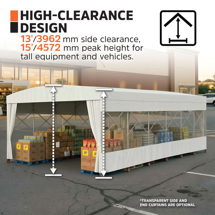 Graphic titled "High-Clearance Design": shelter with 13 ft side clearance and 15 ft peak height over stacked pallets