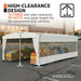 Graphic titled "High-Clearance Design": shelter with 13 ft side clearance and 15 ft peak height over stacked pallets