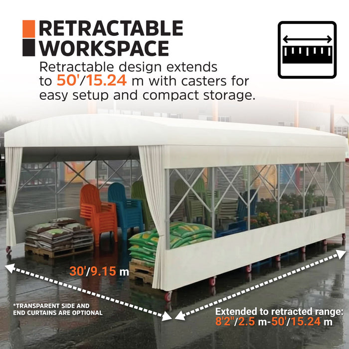 30' x 50' Retractable Mobile Shelter, 13' Clearance, 6" Nylon Casters, 17 oz PVC Cover, TMG-STM3050