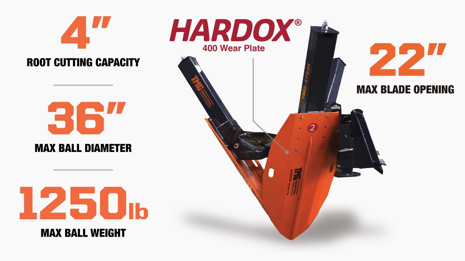 TMG Industrial 36” Skid Steer Hydraulic Tree Spade, 4” Diameter Cut Capacity, 22” Blade Opening, Hardox® 400 Blades, TMG-STS35-description-image