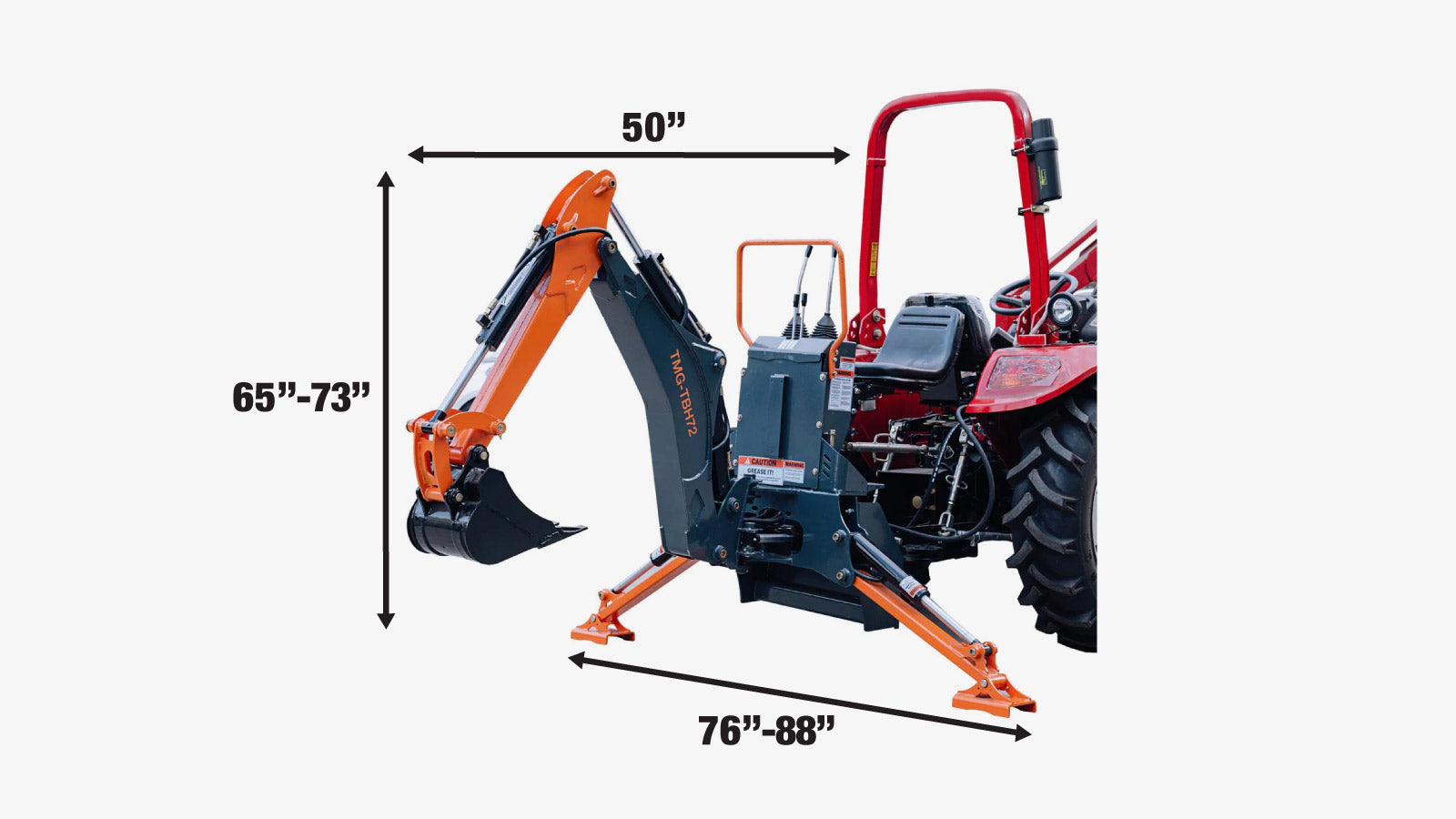 TMG Industrial 6-FT 3-Point Hitch Swing Backhoe Attachment, 12” Bucket Included, 20-65 HP Tractor, 114” High Reach, Category 1 & 2 Hookups, TMG-TBH72-specifications-image