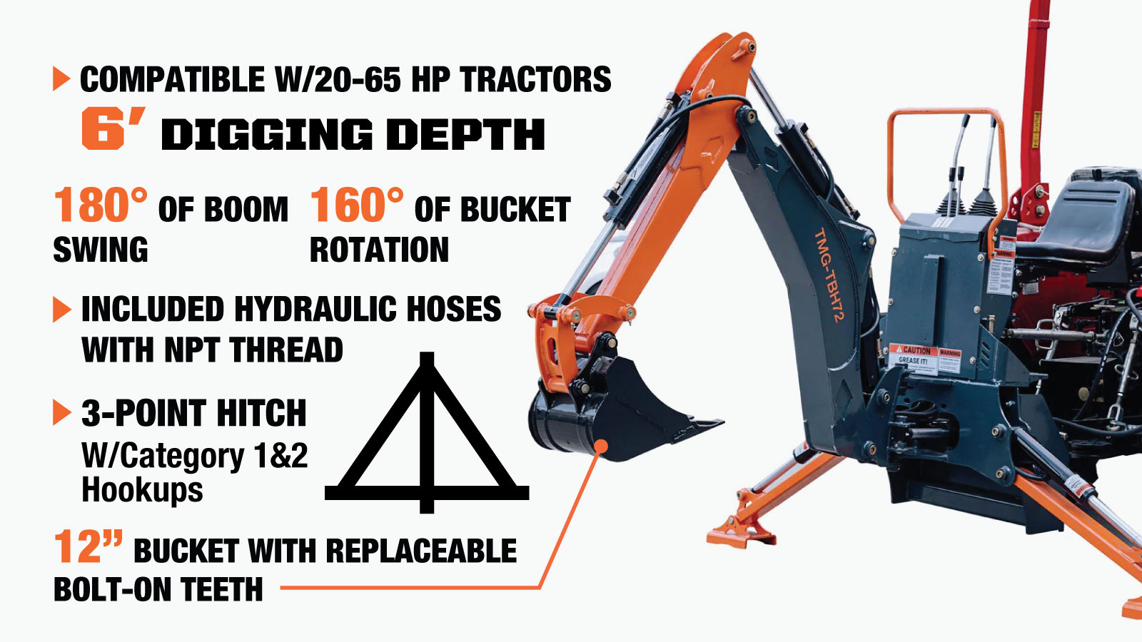 TMG Industrial 6-FT 3-Point Hitch Swing Backhoe Attachment, 12” Bucket Included, 20-65 HP Tractor, 114” High Reach, Category 1 & 2 Hookups, TMG-TBH72-description-image