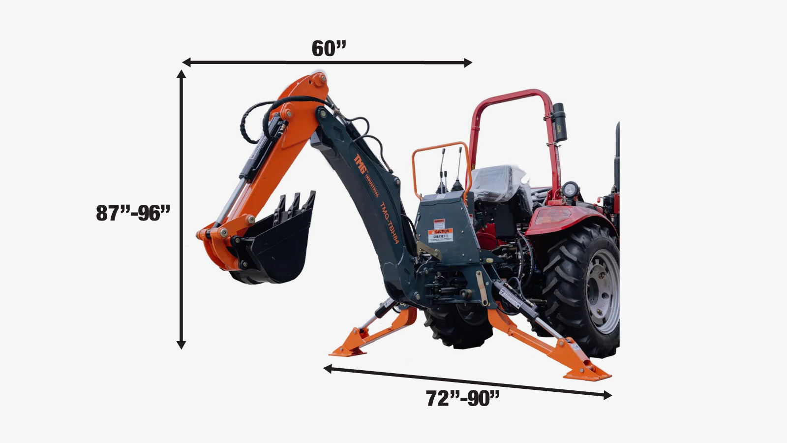 TMG Industrial 7-FT 3-Point Hitch Swing Backhoe Attachment, 12” Bucket Included, 40-100 HP Tractor, 126” High Reach, Category 1 & 2 Hookups, TMG-TBH84-specifications-image