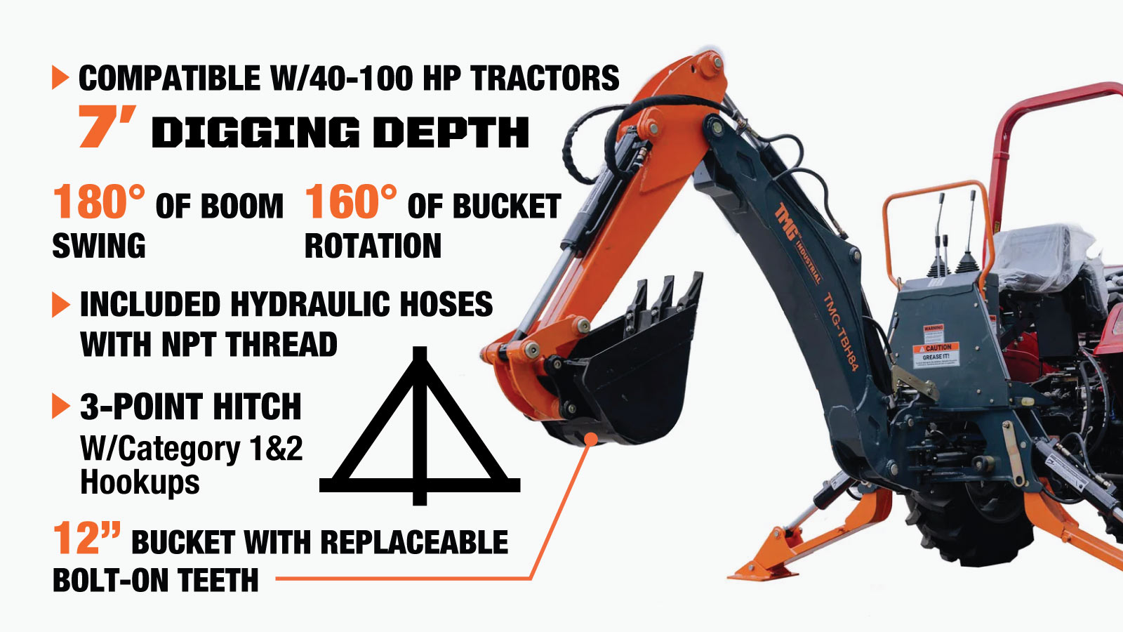 TMG Industrial 7-FT 3-Point Hitch Swing Backhoe Attachment, 12” Bucket Included, 40-100 HP Tractor, 126” High Reach, Category 1 & 2 Hookups, TMG-TBH84-description-image