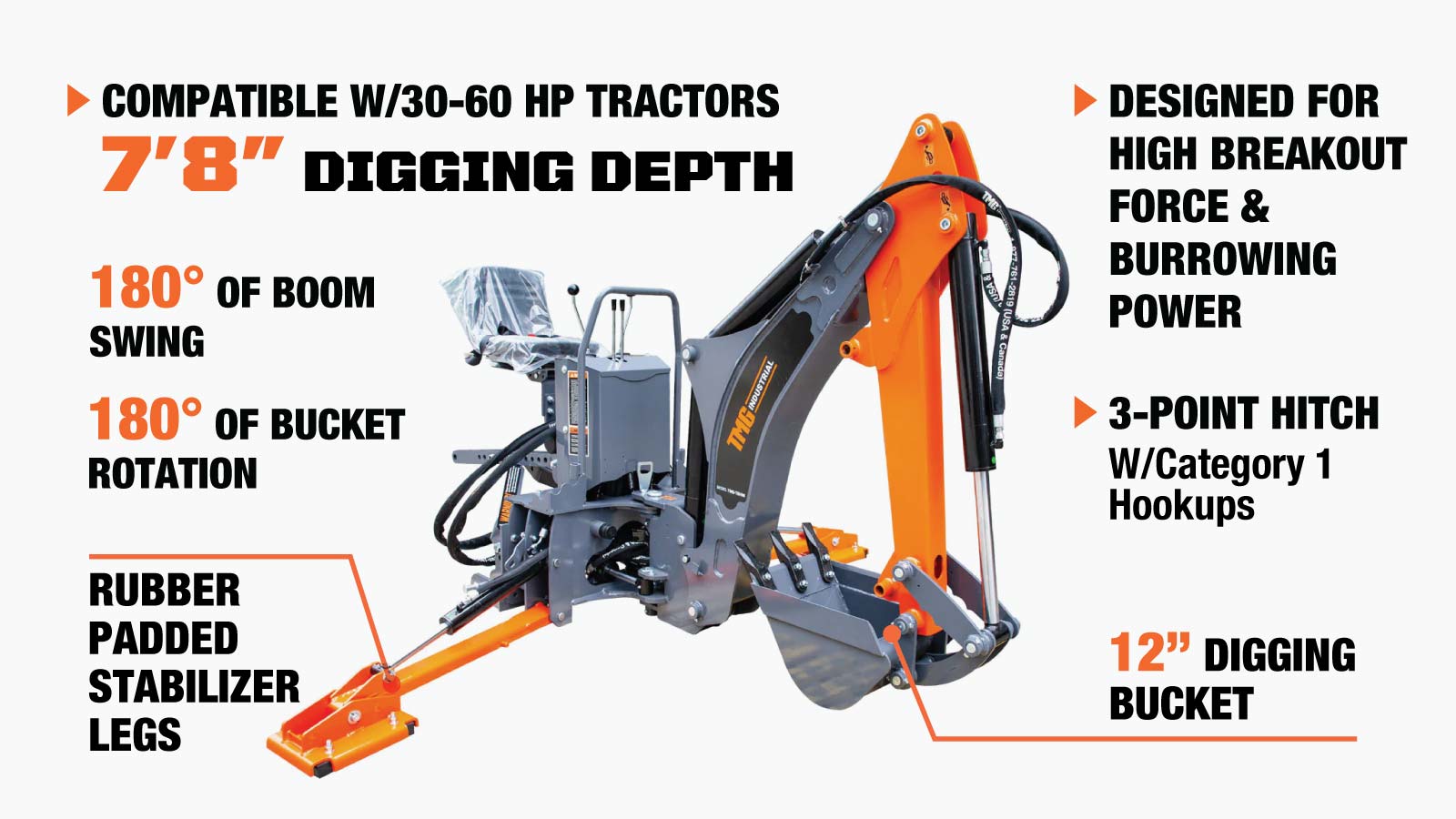 TMG Industrial 8-ft Tractor Swing Backhoe Attachment, Category 1 Hookup, 180° Boom and Bucket Rotation, 12” Bucket Included, TMG-TBH88-description-image