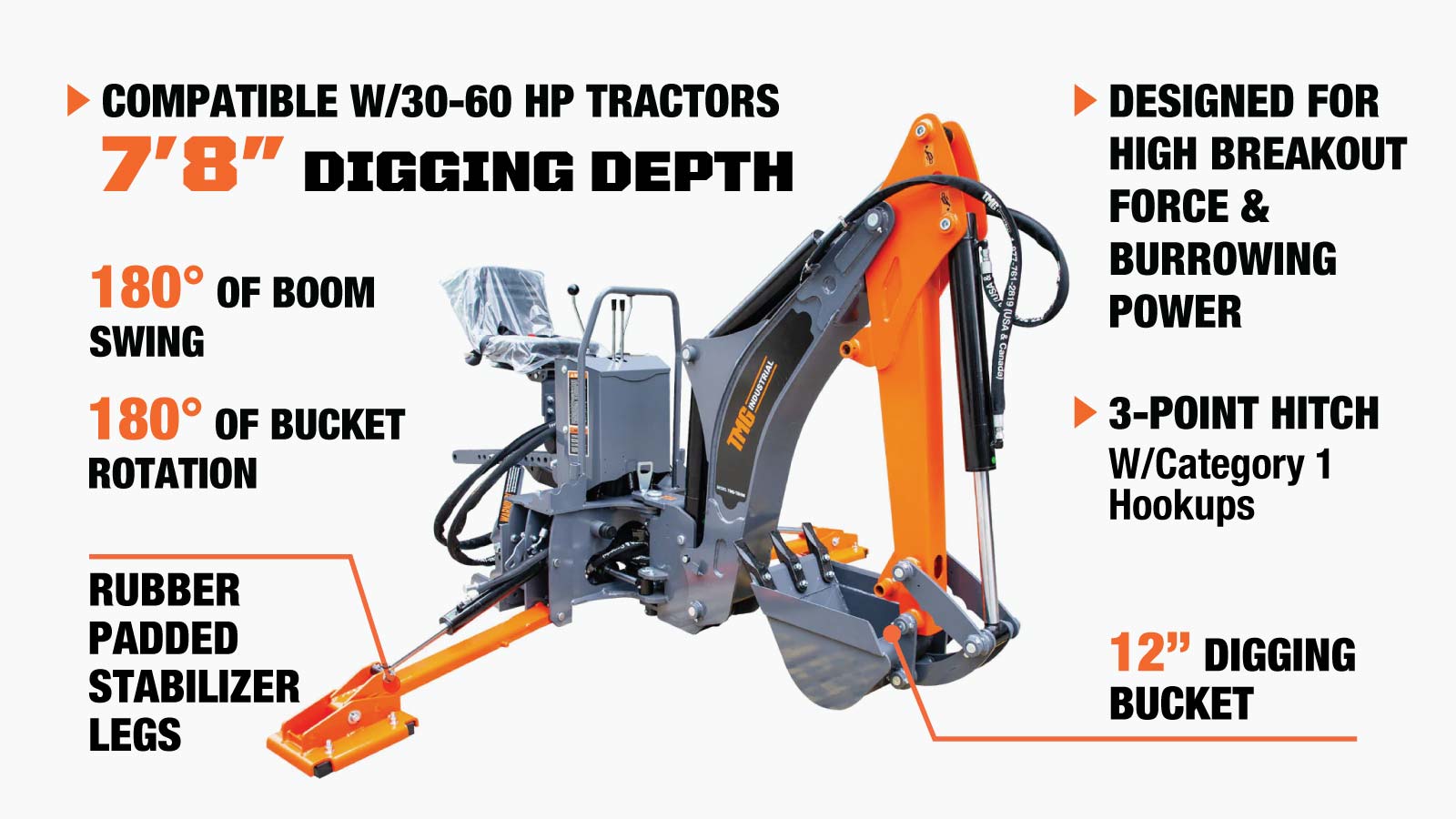 Stop Boom Rotation TMG Industrial 8-ft Tractor Swing Backhoe Attachment, Category 1 Hooku