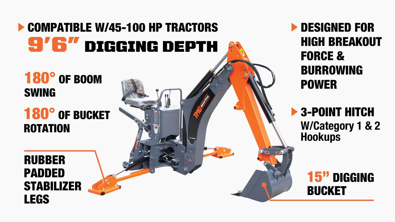 Backhoe Height TMG Industrial 9-ft Tractor Swing Backhoe Attachment, Category 1 & 2,