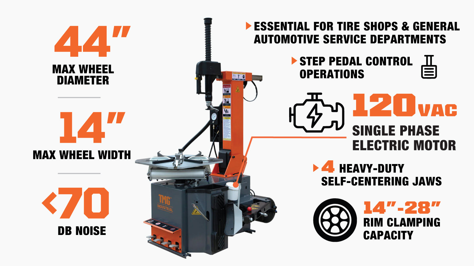 TMG Industrial Tilt-Back Semi-Automatic Tire Changer, Bead Blaster & Air Tank, 14”-28” Rim Clamping, Step Pedal Control, 2 HP Motor, CETL Certified For Canada/USA, TMG-TC28-description-image