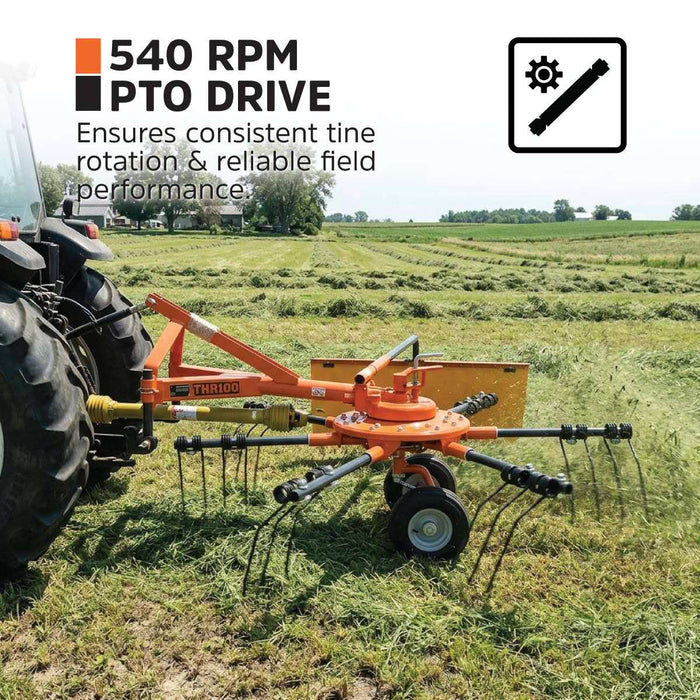 98" Hay Rake & Tedder, 12 Spring Tines, 3-Point Hitch Category 1, PTO Shaft Included, 18-50 HP Tractor, TMG-THR100