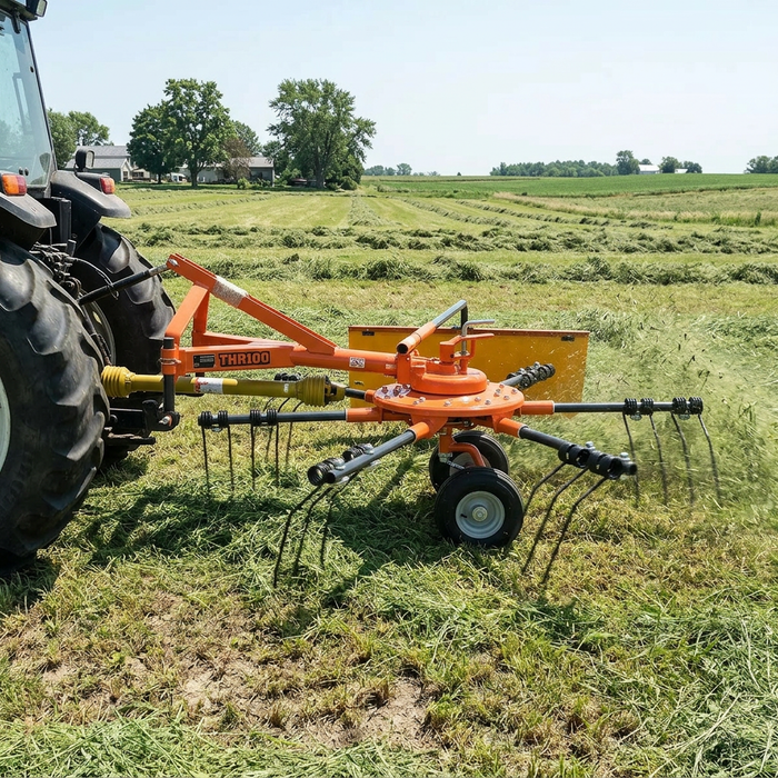 98" Hay Rake & Tedder, 12 Spring Tines, 3-Point Hitch Category 1, PTO Shaft Included, 18-50 HP Tractor, TMG-THR100