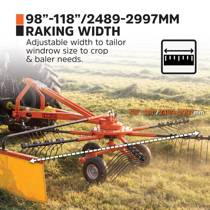 118" Hay Rake & Tedder, 24 Spring Tines, 3-Point Hitch Category 1, PTO Shaft Included, 25-50 HP Tractor, TMG-THR120