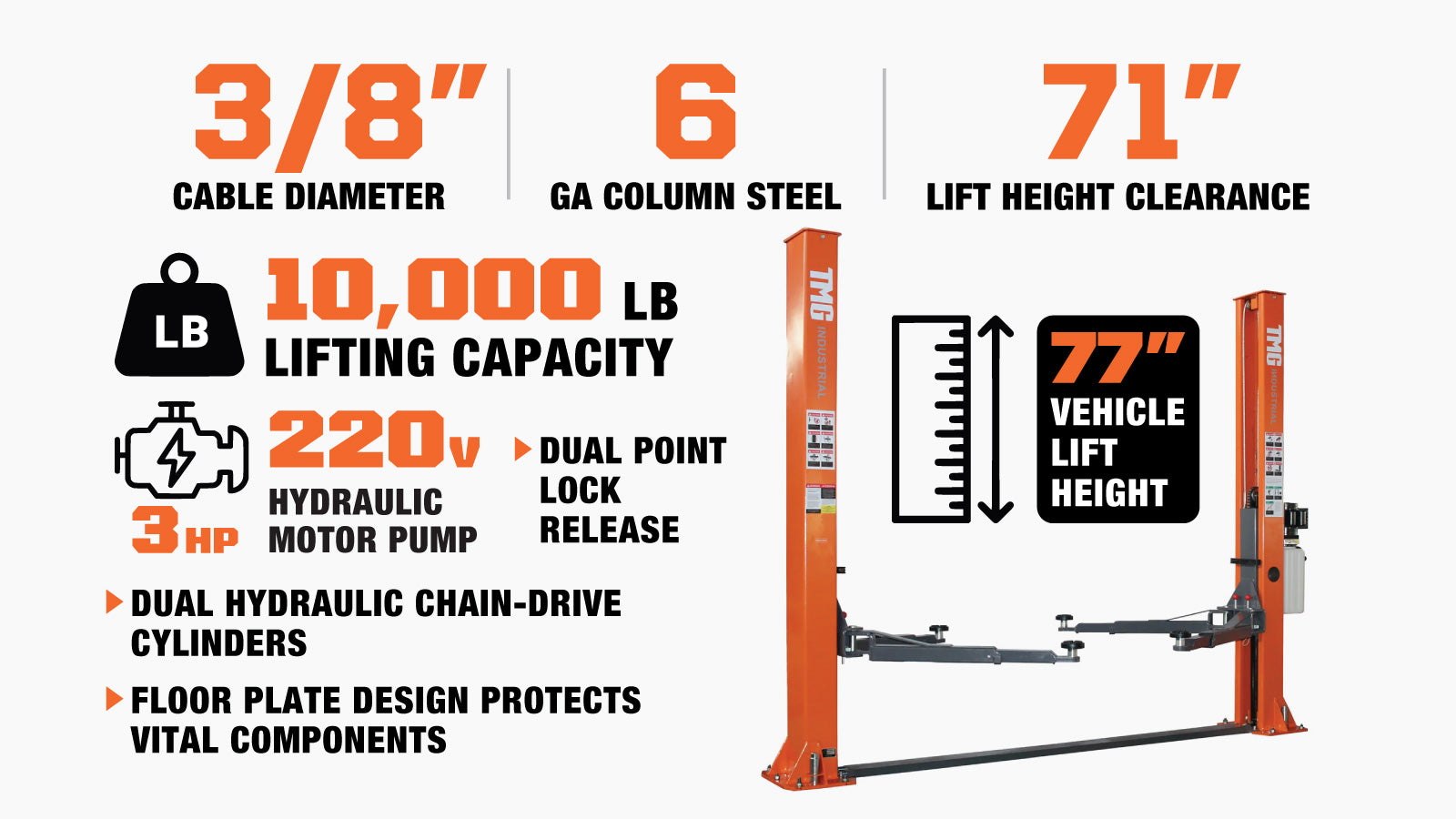TMG Industrial 10,000-lb Two Post Floor Plate Auto Lift, Symmetric Arms, 77” Lift Height, Dual-Point Lock Release, TMG-TPL45-description-image