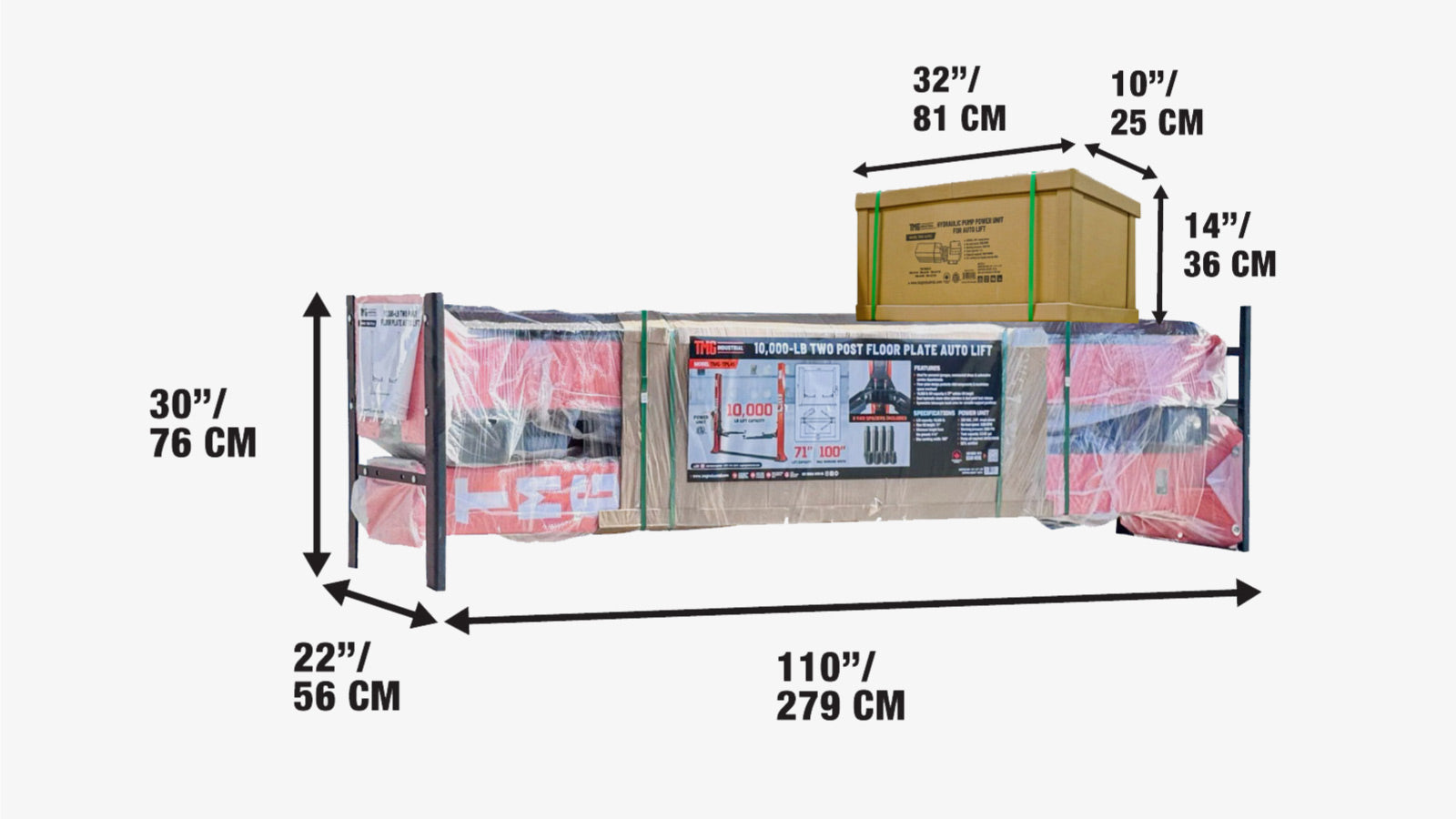 10,000-lb Two Post Floor Plate Auto Lift, Symmetric Arms, 77