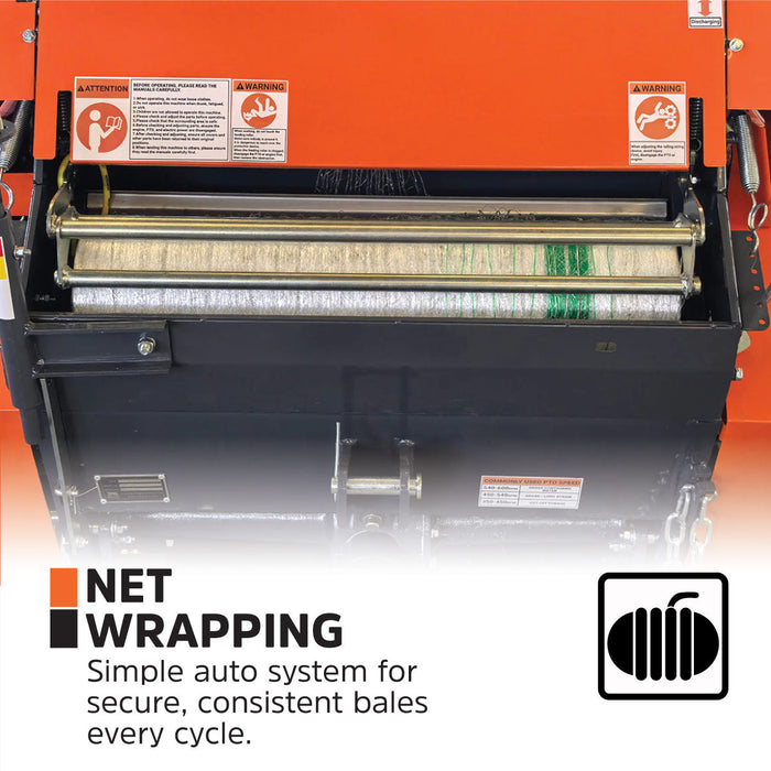Open rear of the baler showing net wrap roll and feed rollers; graphic reads "Net wrapping"