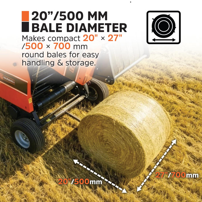 Round hay baler beside a finished round bale; graphic marks the bale as 20" diameter by 27" long (500 by 700 mm)