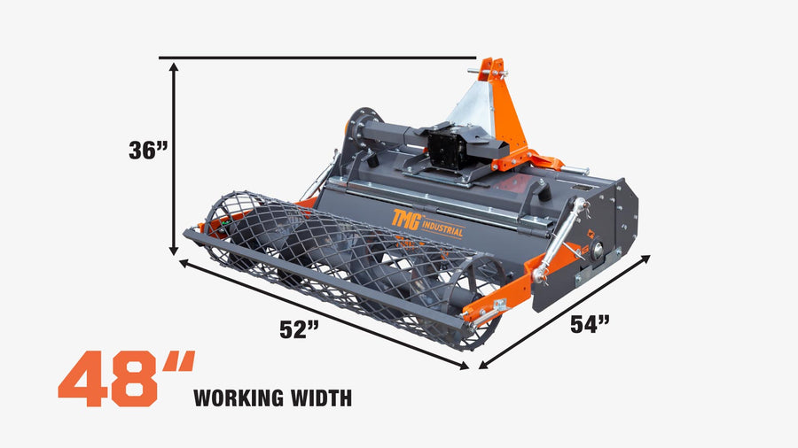 48" Stone Burier Rotary Tiller, 3-Point Hitch, Category 1 Hookup, 25-50 HP Tractors, PTO Shaft Included, 2-1/2" Stone Capacity, TMG-TSB48 (Discontinued – No Longer Available)-specifications-image