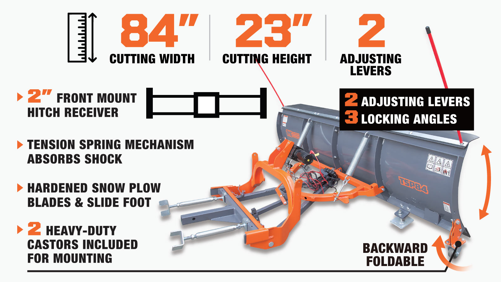 TMG Industrial 84” Truck/SUV Front Mount Snow Plow Pusher, Left and Right Angle, 2” Mount Receiver, Wireless Winch Control, TMG-TSP84-description-image