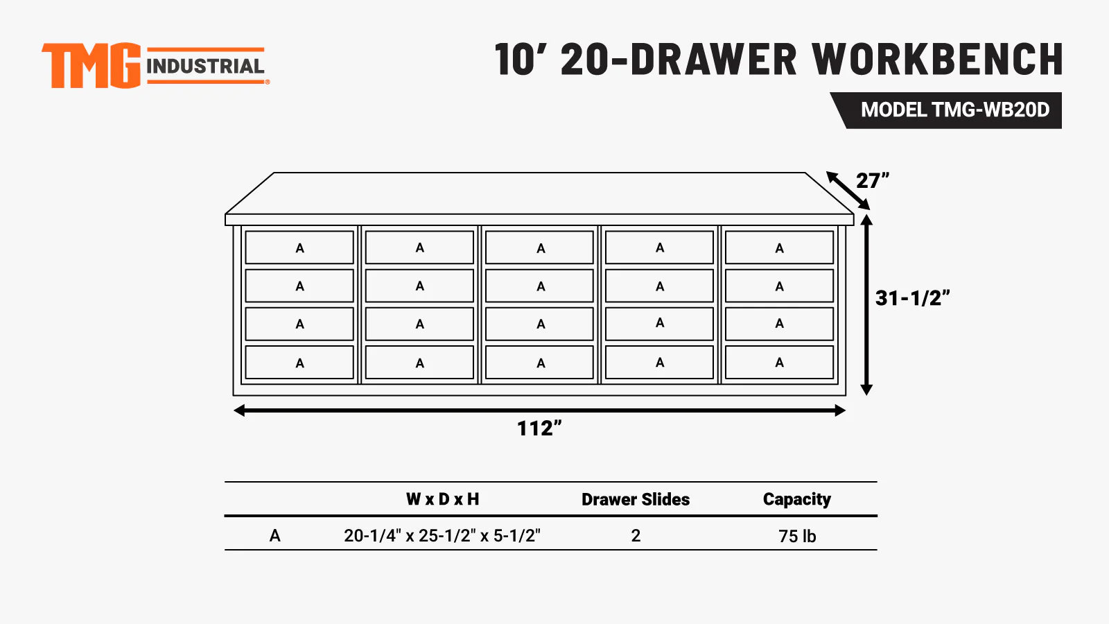 TMG-WB20D 10' 20-Drawer Workbench with Keyed Alike Locks-specifications-image