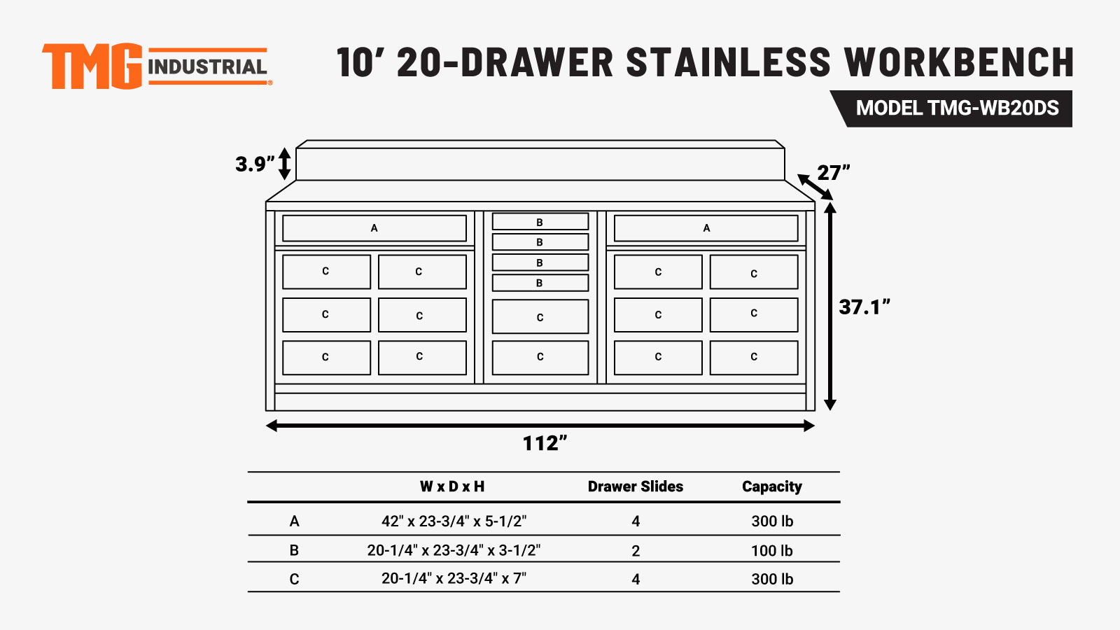 TMG Industrial Pro Series 10-FT 20 Drawer Stainless Steel Table Top Workbench, Powder Coated Drawer Fronts, Double Slide Lockable Drawers, All-in-one Welded Frame, TMG-WB20DS-specifications-image
