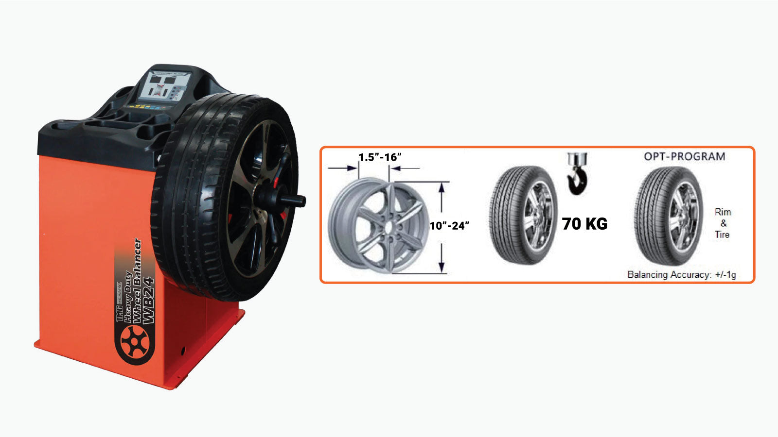 TMG Industrial Self-Calibrating Wheel Balancer, 10”-24” Rim, Computerized, 220 RPM, +/- 1 g of Accuracy, ALU Balancing Modes, TMG-WB24-specifications-image