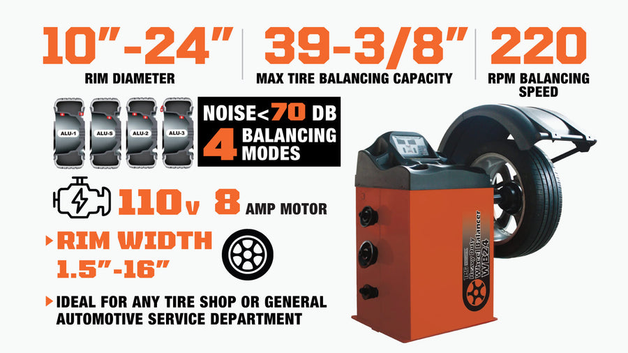 Self-Calibrating Wheel Balancer with Protection Hood, 10"-24" Rim Diameter, Computerized, +/- 1 g of Accuracy, ALU Balancing Modes, TMG-WB24H-description-image
