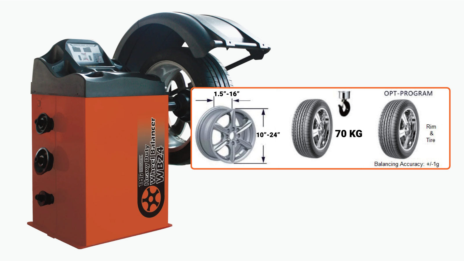 TMG Industrial Self-Calibrating Wheel Balancer with Protection Hood, 10”-24” Rim Diameter, Computerized, +/- 1 g of Accuracy, ALU Balancing Modes, TMG-WB24H-specifications-image