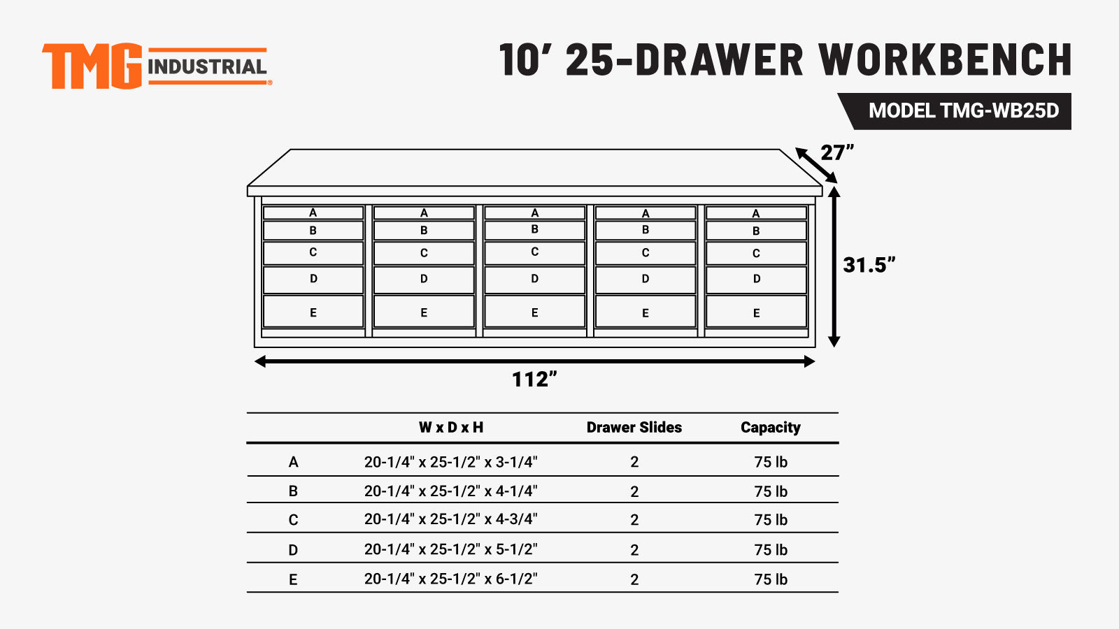 TMG-WB25D 10' 25-Drawer Workbench with Keyed Alike Locks-specifications-image