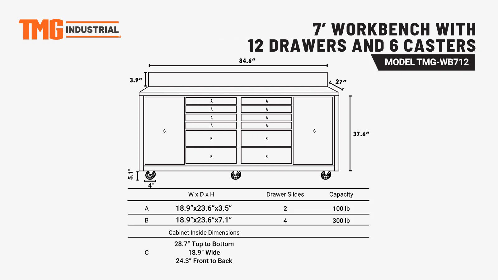 TMG Heavy Series™ 7-Ft 12-Drawer Workbench with Stainless Steel Top, Ball Bearing Double Slides & Casters TMG-WB712-specifications-image