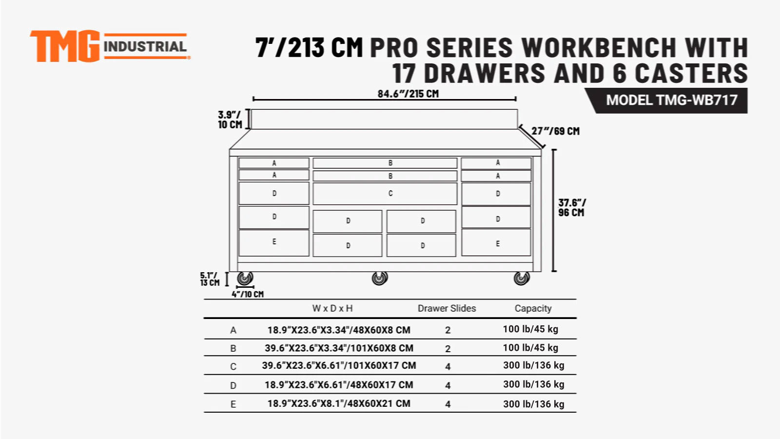 Pro Series 7-Ft 17-Drawer Workbench with Stainless Steel Top, Ball Bearing Double Slides & Casters, TMG-WB717-specifications-image