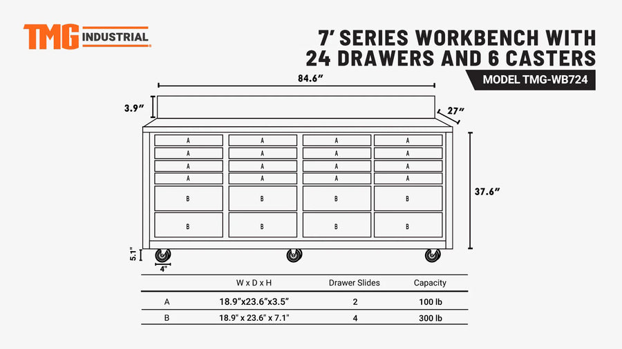 TMG Heavy Series™ 7-Ft 24-Drawer Workbench with Stainless Steel Top, Ball Bearing Double Slides & Casters TMG-WB724-specifications-image