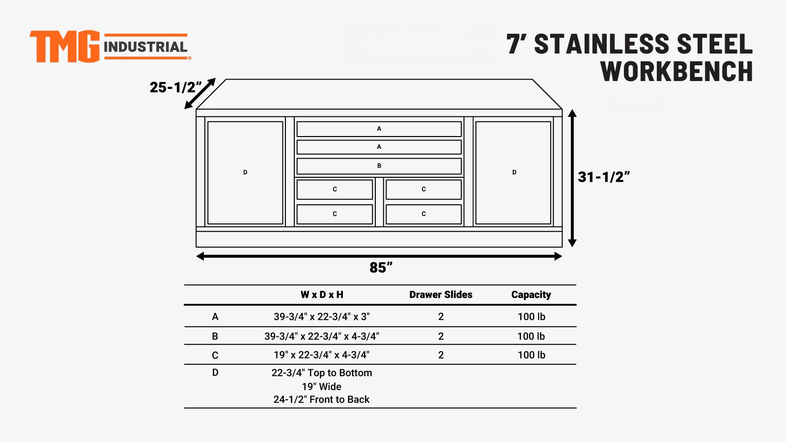 TMG Heavy Series™ 7' Stainless Steel Workbench, 7 Lockable Drawers, 2 Storage Cabinets, All-in-One Welded Frame, TMG-WB707S (Previously TMG-WB85S)-specifications-image