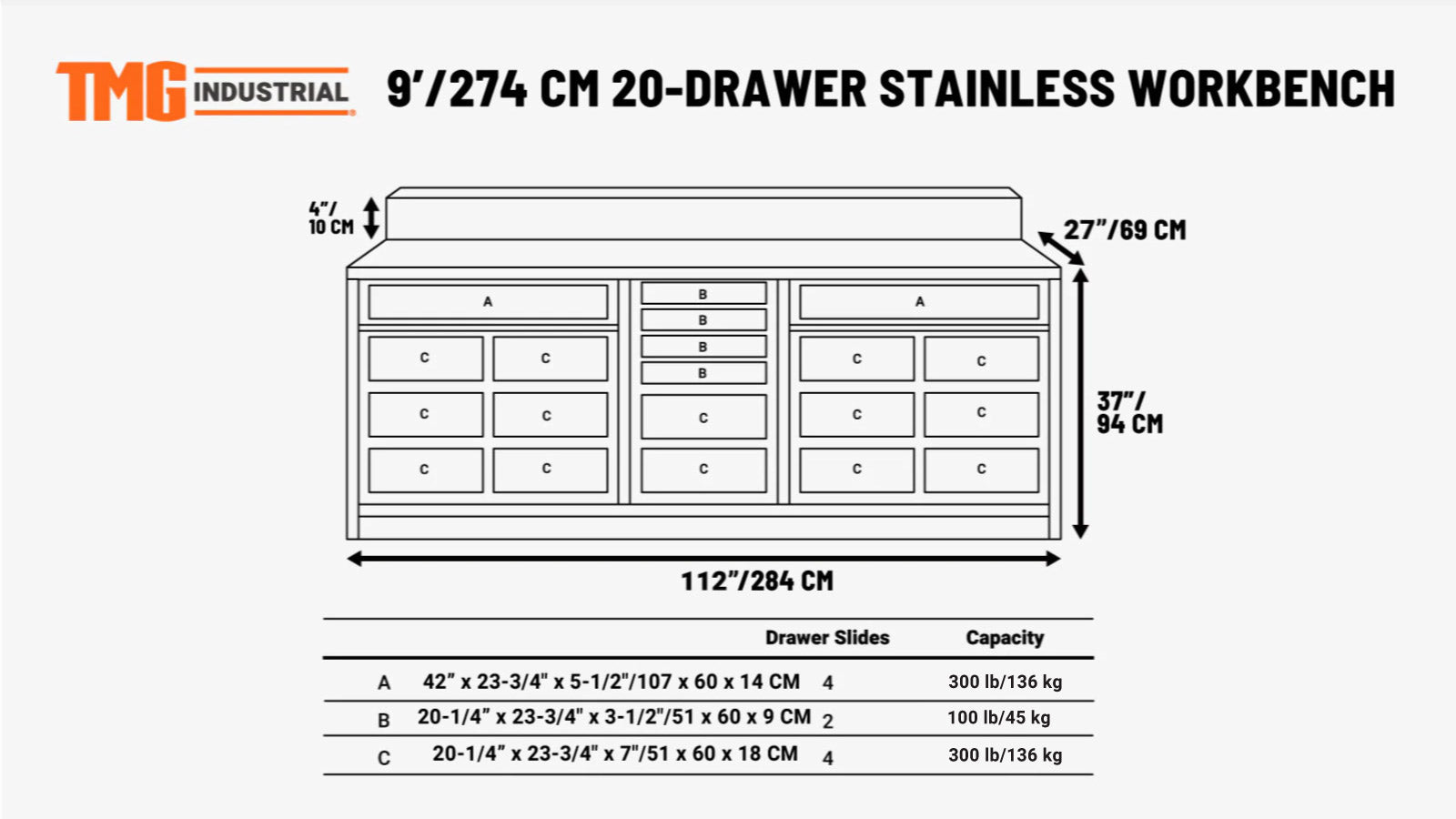 Pro Series 9' 20 Drawer Stainless Steel Workbench, Ball Bearing Double Slides & Casters TMG-WB921S (Previously WB21DS)-specifications-image