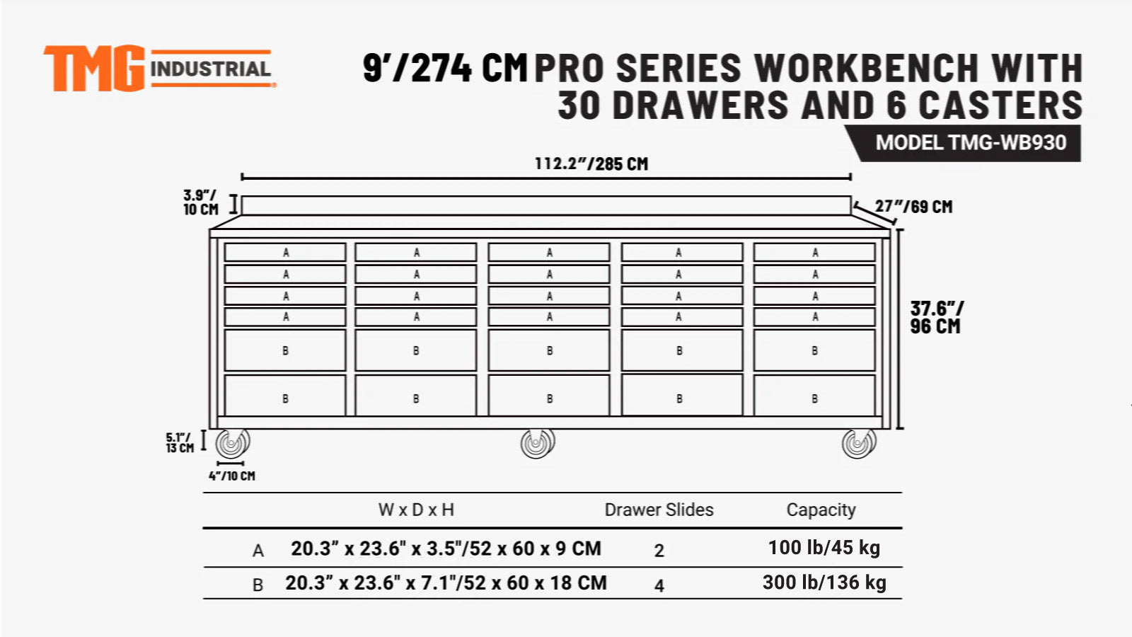 Pro Series 9-Ft 30-Drawer Workbench with Stainless Steel Top, Ball Bearing Double Slides & Casters, TMG-WB930-specifications-image