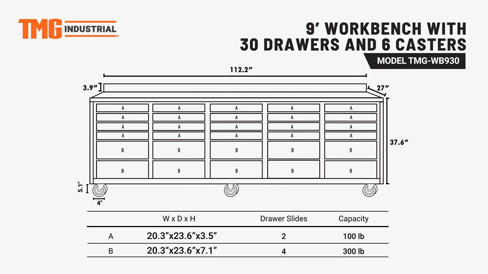 TMG Heavy Series™ 9-Ft 30-Drawer Workbench with Stainless Steel Top, Ball Bearing Double Slides & Casters, TMG-WB930-specifications-image