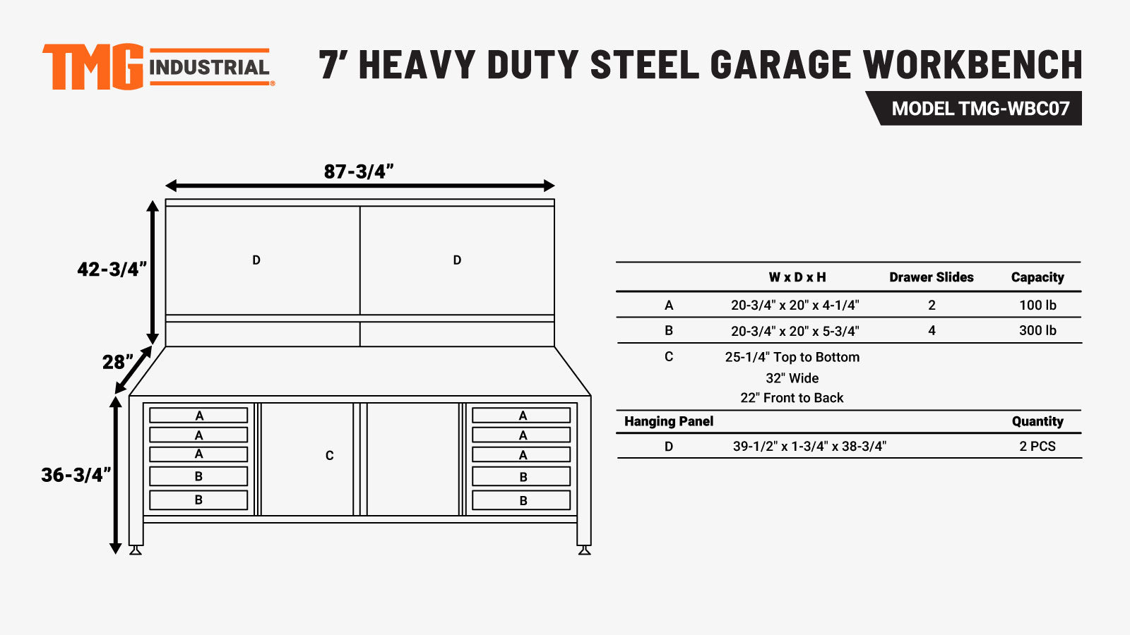 TMG Industrial 7’ Extreme Duty Steel Garage Workbench w/Pegboards, Adjustable Shelving, Power Outlets, USB Port, Magnetic Motion LED Lamps, TMG-WBC07-specifications-image