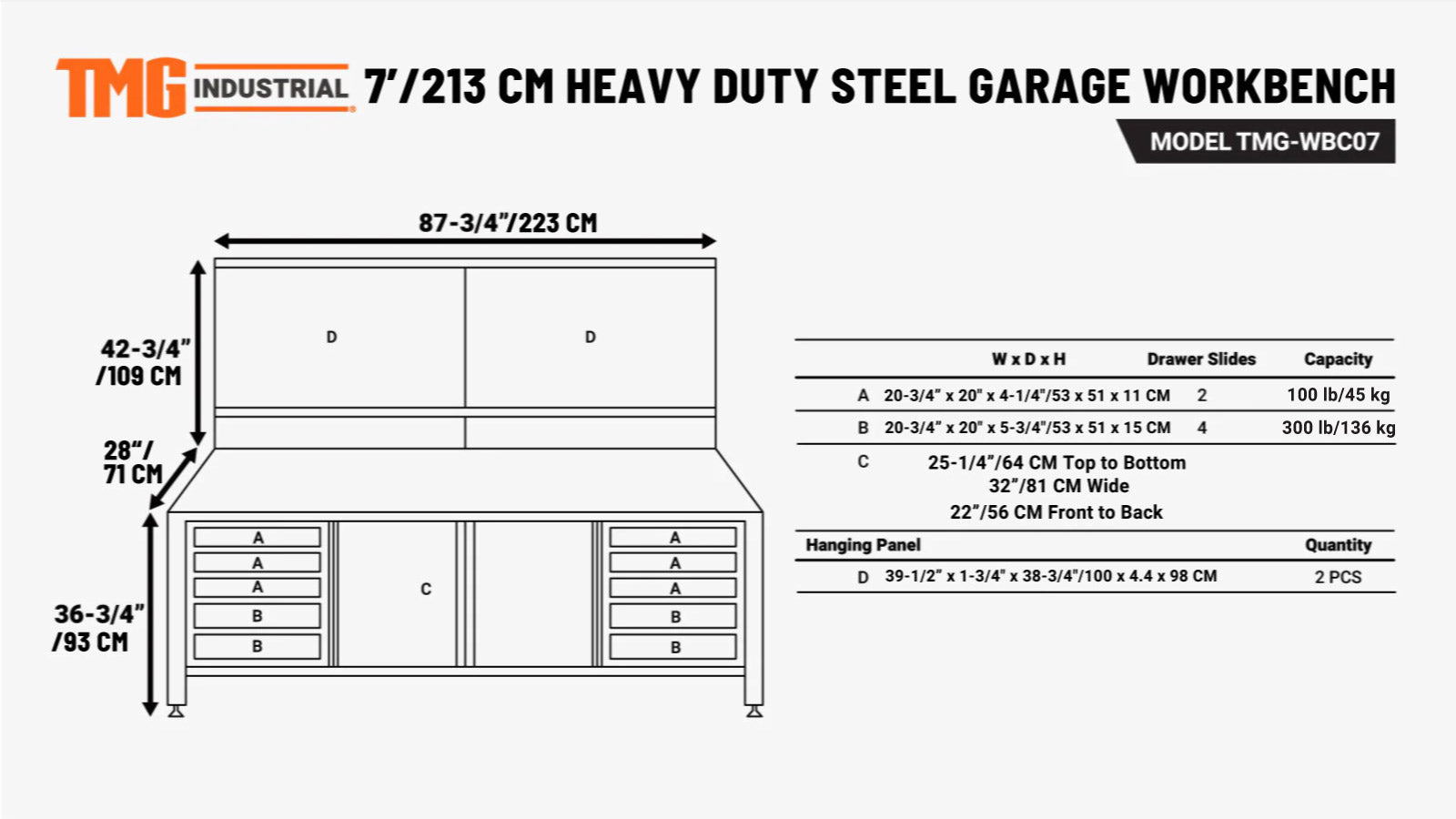 7’ Extreme Duty Steel Garage Workbench w/Pegboards, Adjustable Shelving, Power Outlets, USB Port, Magnetic Motion LED Lamps, TMG-WBC07-specifications-image