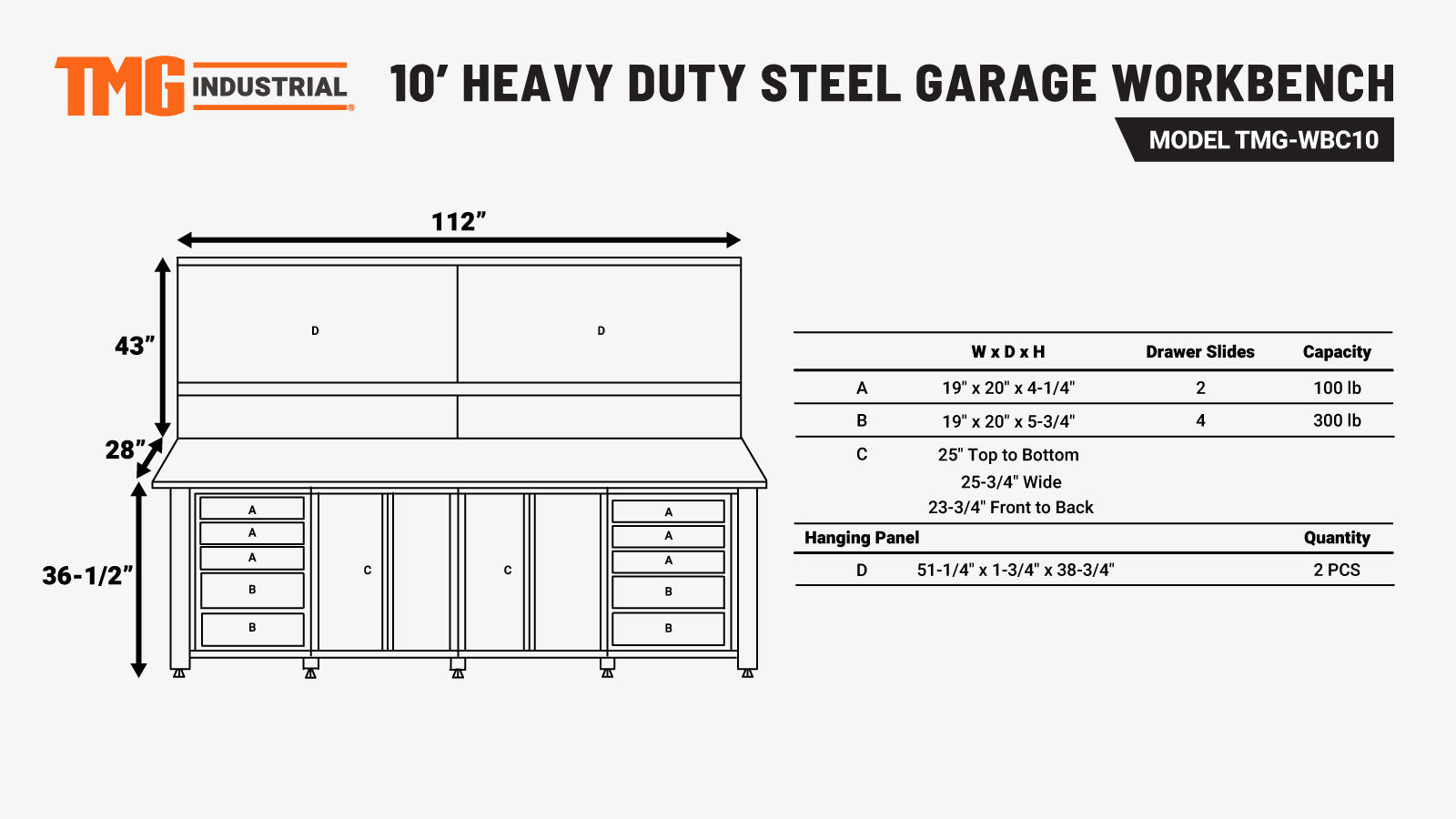 TMG Industrial 10’ Extreme-Duty Steel Garage Workbench w/Pegboards and 4