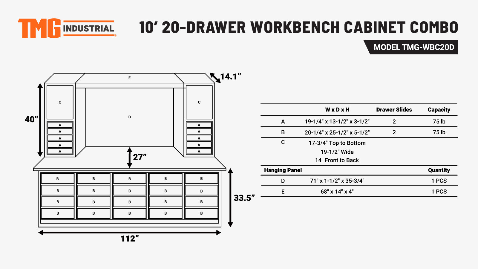 TMG-WBC20D 10' 20-Drawer Workbench Cabinet Combo with Stainless Steel Drawer Panels-specifications-image