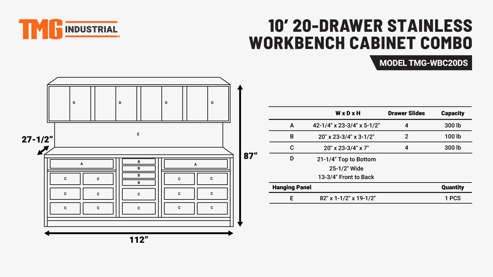 TMG Heavy Series™ 10-FT Stainless Steel Workbench with 20 Lockable Drawers & Cabinets – TMG-WBC20DS-specifications-image
