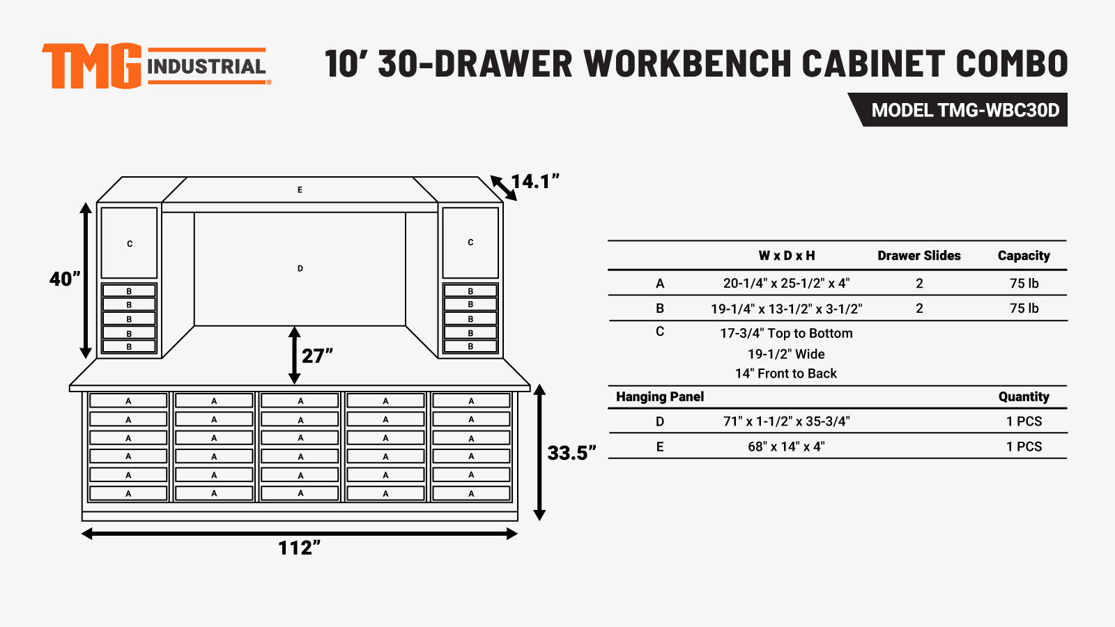 TMG-WBC30D 10' 30-Drawer Workbench Cabinet Combo with 68