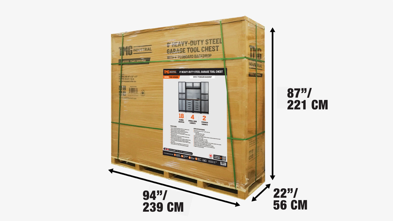 8’ Extreme-Duty Steel Garage Tool Chest w/Pegboard, 18 Drawers and Multi Cabinets, TMG-WBM08-shipping-info-image