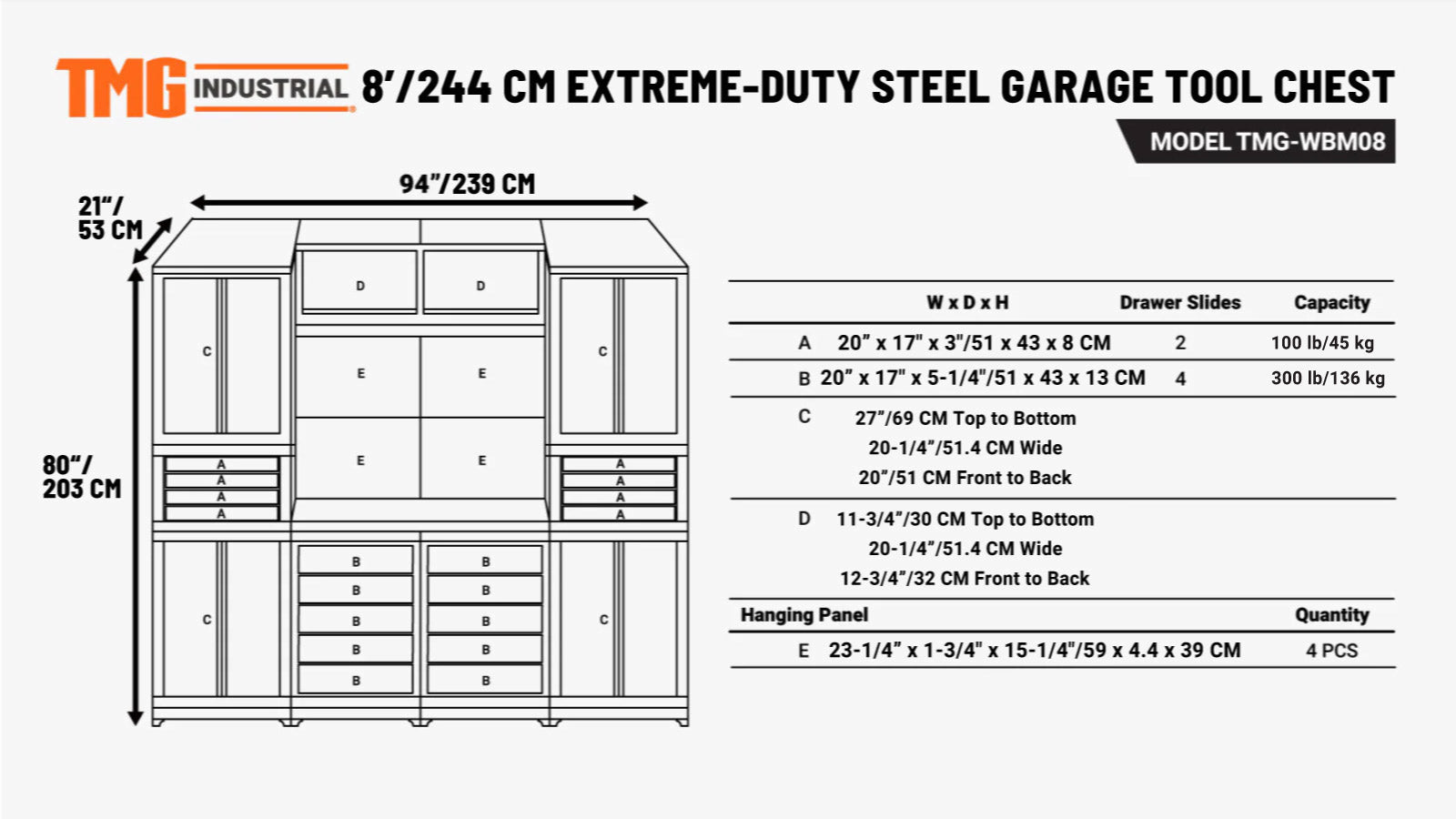 8’ Extreme-Duty Steel Garage Tool Chest w/Pegboard, 18 Drawers and Multi Cabinets, TMG-WBM08-specifications-image