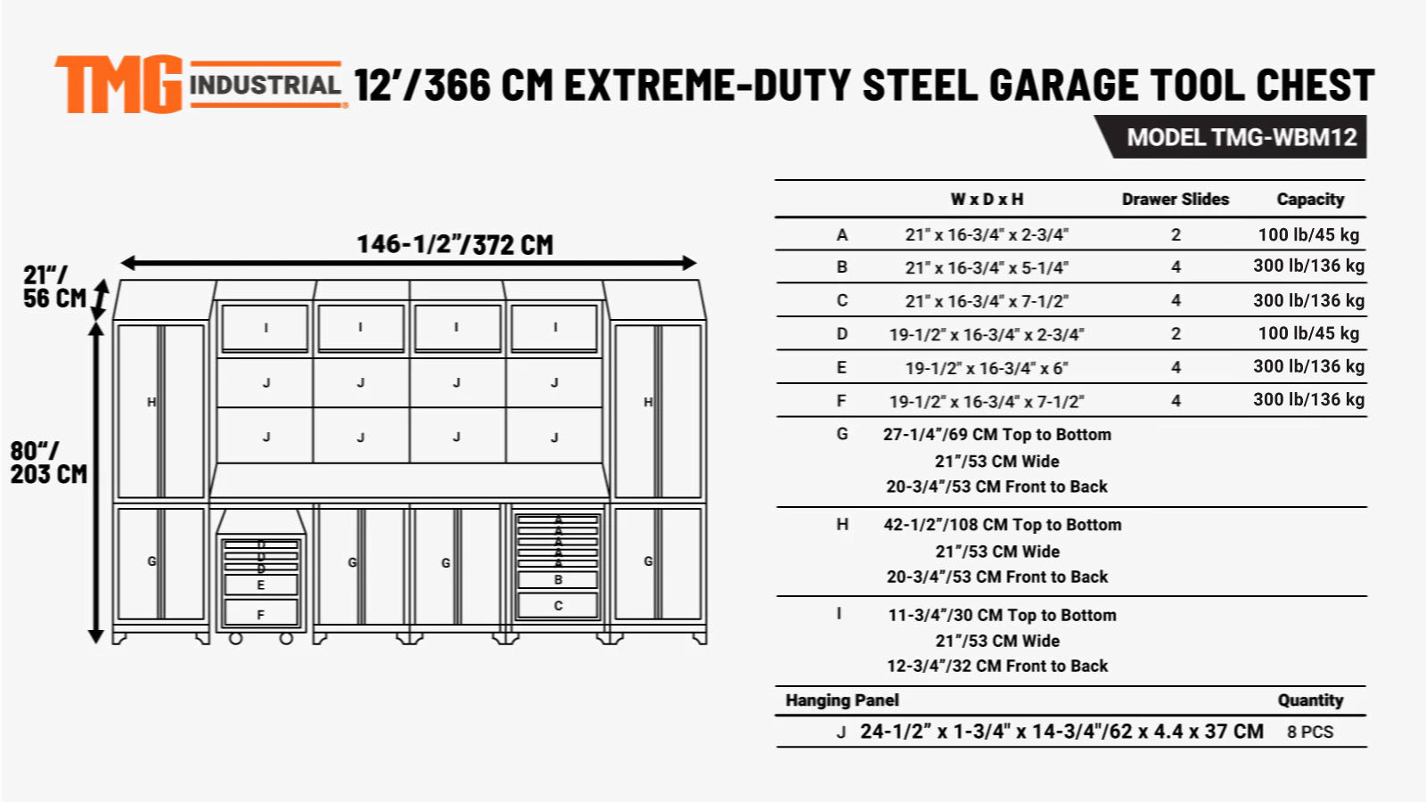 12’ Extreme-Duty Steel Garage Tool Chest w/Pegboard, Power Outlets, USB Port, Magnetic Motion LED Lamps, Cabinets & Roll-Out Tool Chest, TMG-WBM12-specifications-image